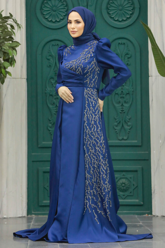 Luxorious Navy Blue Modest Evening Gown 2295L - 5