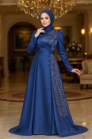 Luxorious Navy Blue Modest Evening Gown 2295L - 1