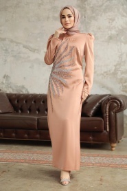 Neva Style - Luxorious Salmon Pink Muslim Evening Dress 38102SMN - Thumbnail