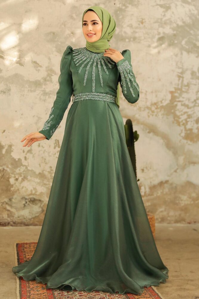 Neva Style - Luxury Almond Green Muslim Evening Gown 3774CY - 2