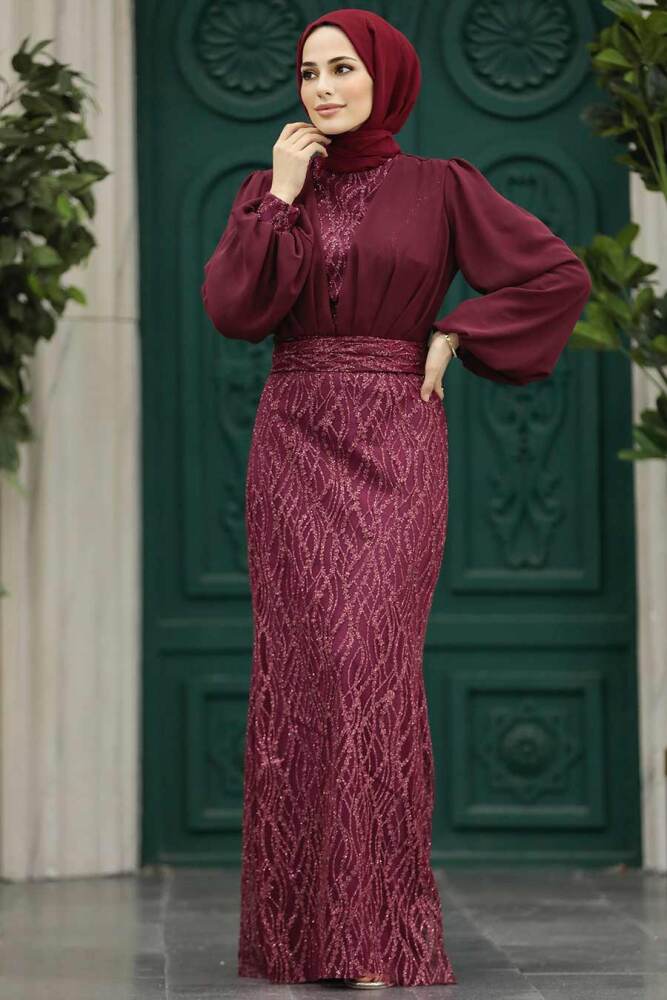 Luxury Claret Red Islamic Clothing Evening Gown 22213BR - 2