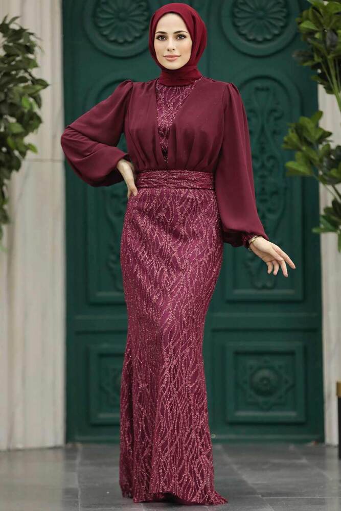 Luxury Claret Red Islamic Clothing Evening Gown 22213BR - 1
