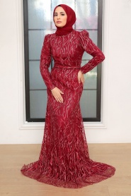 Neva Style - Luxury Claret Red Muslim Fashion Wedding Dress 22633BR - Thumbnail