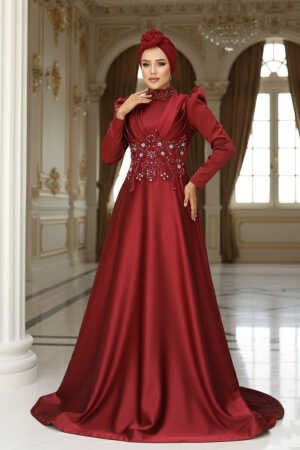 Neva Style - Luxury Claret Red Muslim Long Sleeve Dress 22640BR - 1