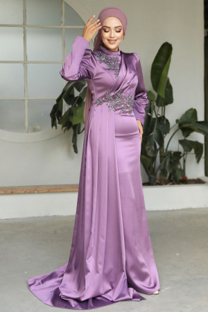 Neva Style - Luxury Dark Lila Hijab Evening Dress 22830KLILA - 2