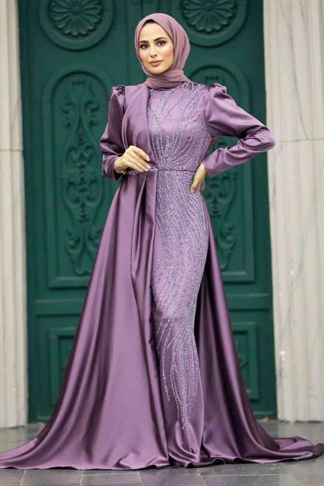 Neva Style - Luxury Dark Lila Hijab Wedding Dress 23221KLILA - 1