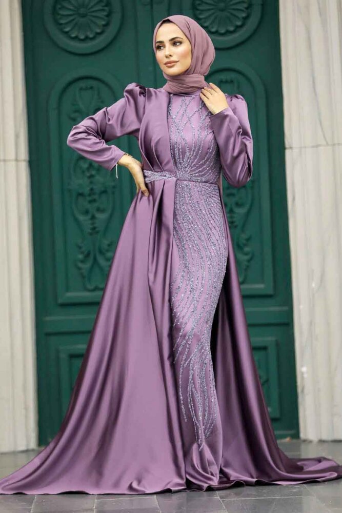 Neva Style - Luxury Dark Lila Hijab Wedding Dress 23221KLILA - 2