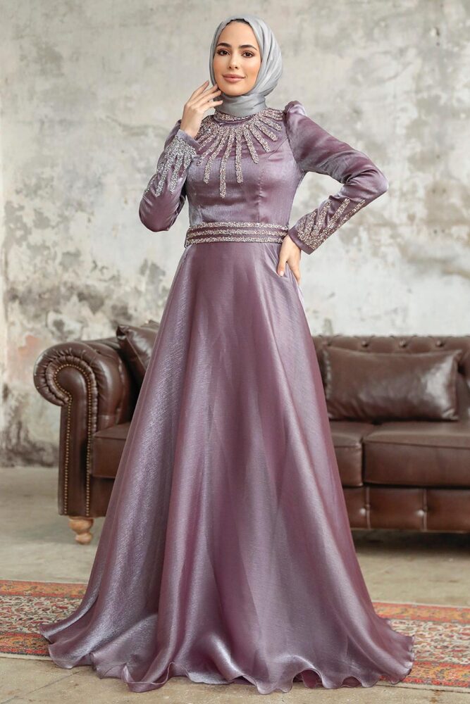 Neva Style - Luxury Dark Lila Muslim Evening Gown 3774KLILA - 3