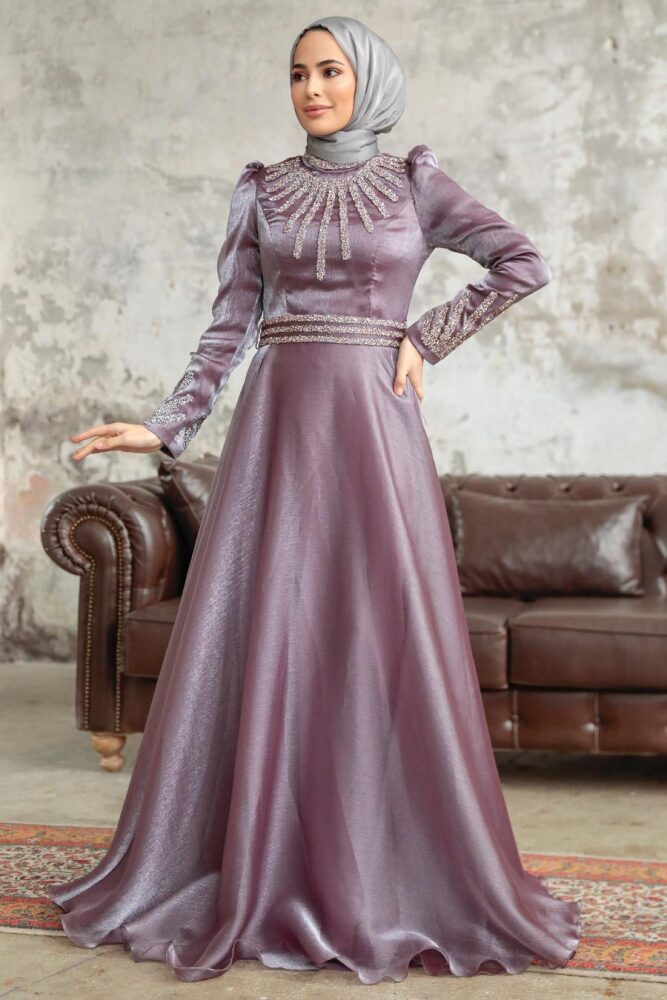 Neva Style - Luxury Dark Lila Muslim Evening Gown 3774KLILA - 2