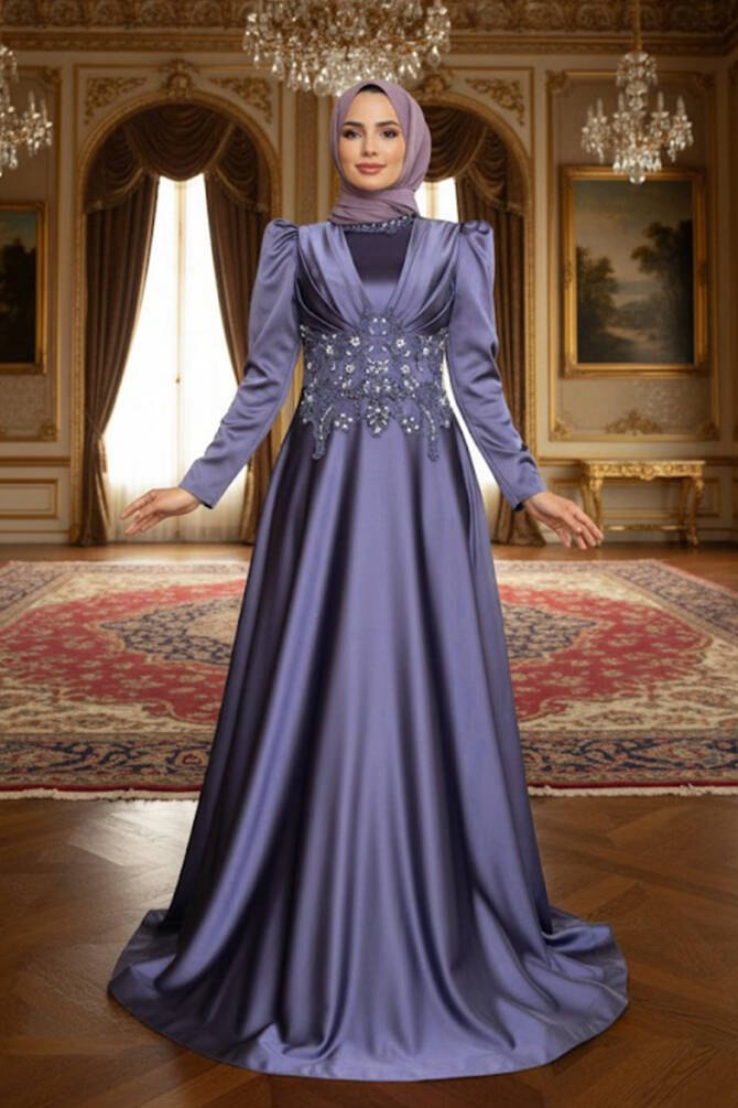 Neva Style - Luxury Dark Lila Muslim Long Sleeve Dress 22640KLILA - TESETTÜRLÜ ABİYE ELBİSELER