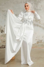 Neva Style - Luxury Ecru Hijab Evening Dress 22830E - Thumbnail