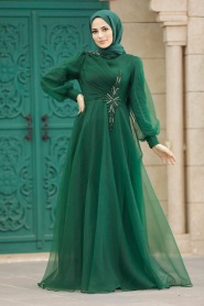 Neva Style - Luxury Emerald Green Hijab Dress 22551ZY - Thumbnail