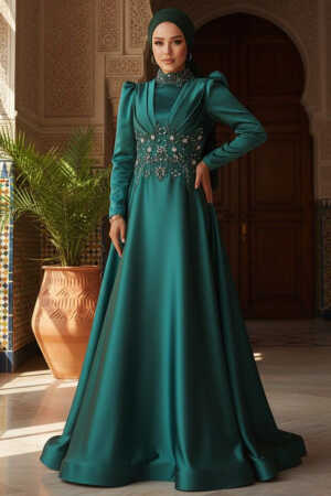 Neva Style - Luxury Green Muslim Long Sleeve Dress 22640Y - 1