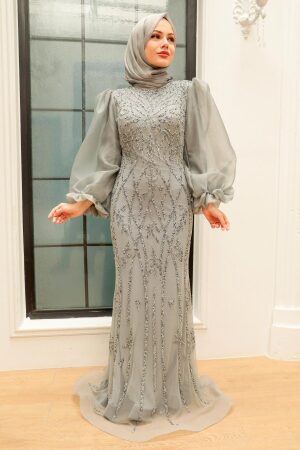 Neva Style - Luxury Grey Hijab Prom Dress 8321GR - 2