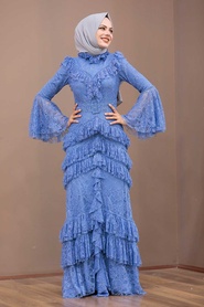 Neva Style - Luxury İndigo Blue Müslim Evening Dress 75801IM - Thumbnail