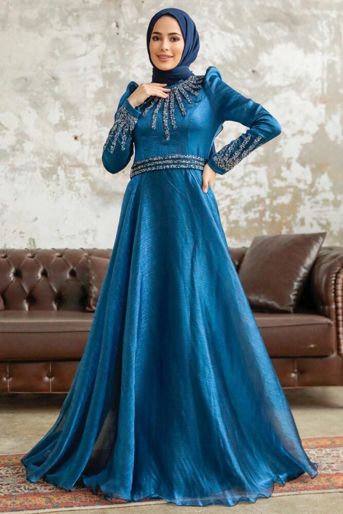 Neva Style - Luxury İndigo Blue Muslim Evening Gown 3774IM - 1