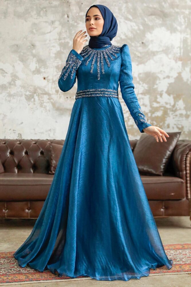 Neva Style - Luxury İndigo Blue Muslim Evening Gown 3774IM - 2