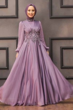 Neva Style - Luxury Lila Islamic Clothing Evening Dress 22150LILA - Thumbnail