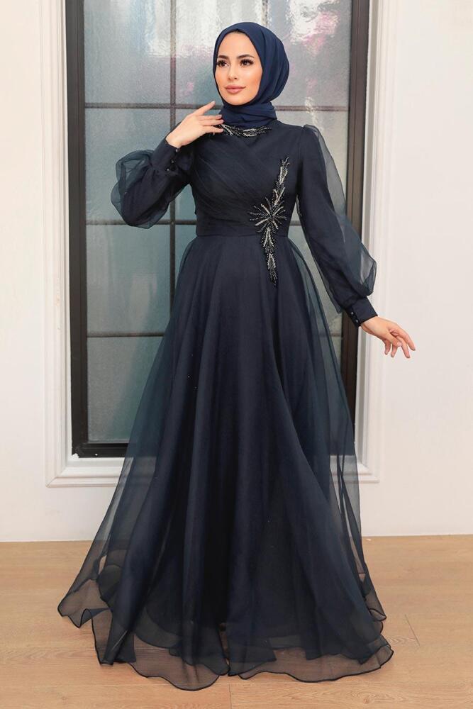 Neva Style - Luxury Navy Blue Hijab Dress 22551L - 1