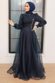 Neva Style - Luxury Navy Blue Hijab Dress 22551L - Thumbnail