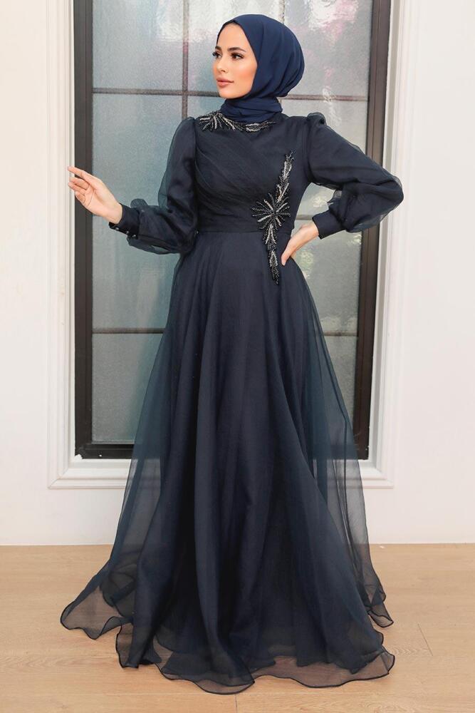 Neva Style - Luxury Navy Blue Hijab Dress 22551L - 2