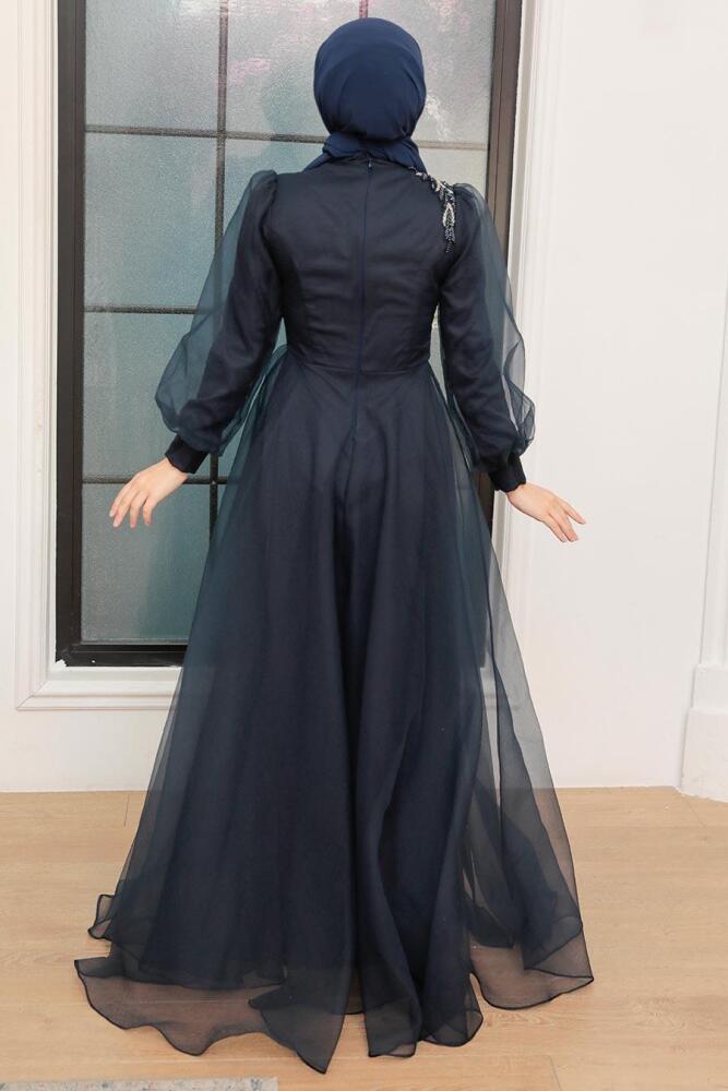 Neva Style - Luxury Navy Blue Hijab Dress 22551L - 3