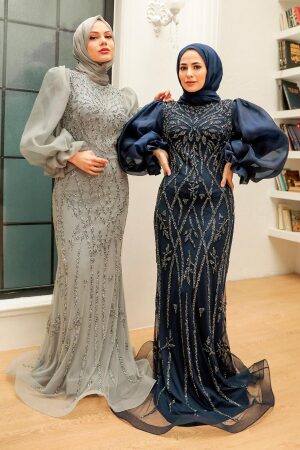 Neva Style - Luxury Navy Blue Hijab Prom Dress 8321L - 4