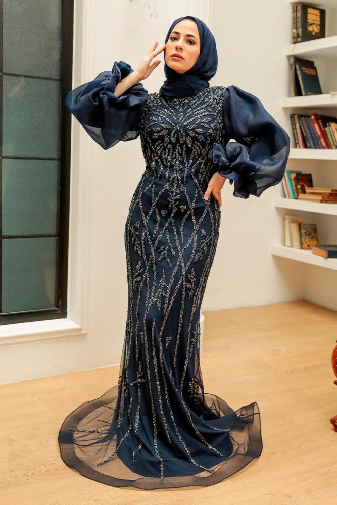 Neva Style - Luxury Navy Blue Hijab Prom Dress 8321L - 2
