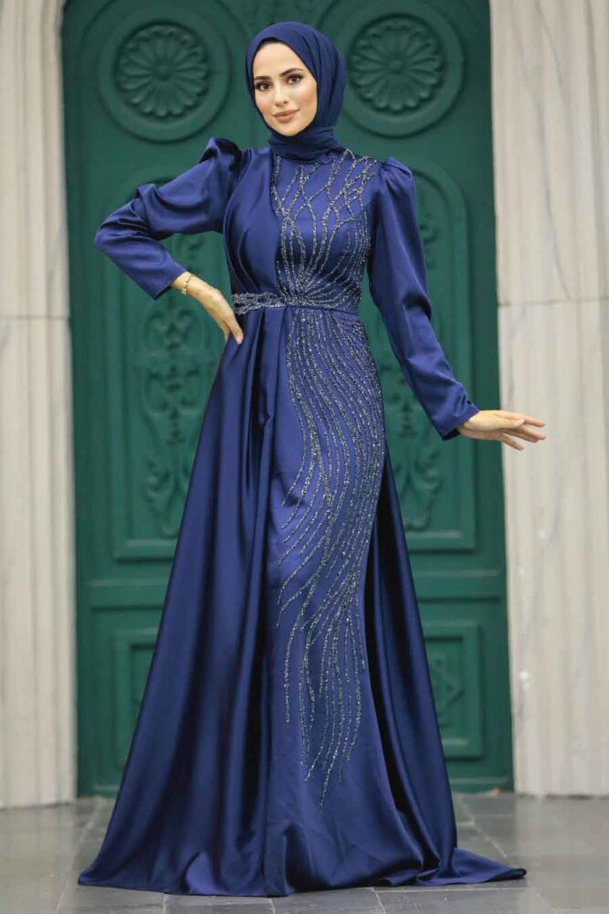 Neva Style - Luxury Navy Blue Hijab Wedding Dress 23221L - 1