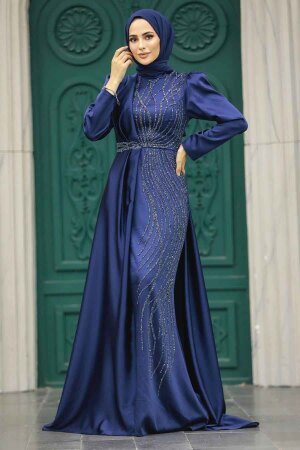 Neva Style - Luxury Navy Blue Hijab Wedding Dress 23221L - Thumbnail