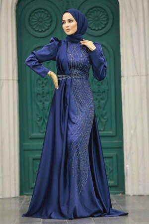 Neva Style - Luxury Navy Blue Hijab Wedding Dress 23221L - 3