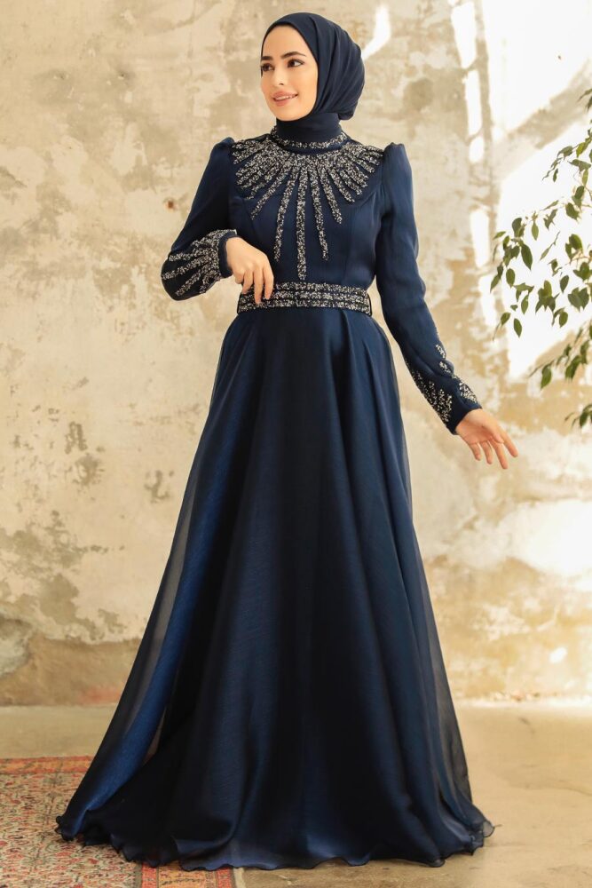 Neva Style - Luxury Navy Blue Muslim Evening Gown 3774L - 3