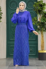 Neva Style - Luxury Sax Blue Islamic Clothing Evening Gown 22213SX - Thumbnail