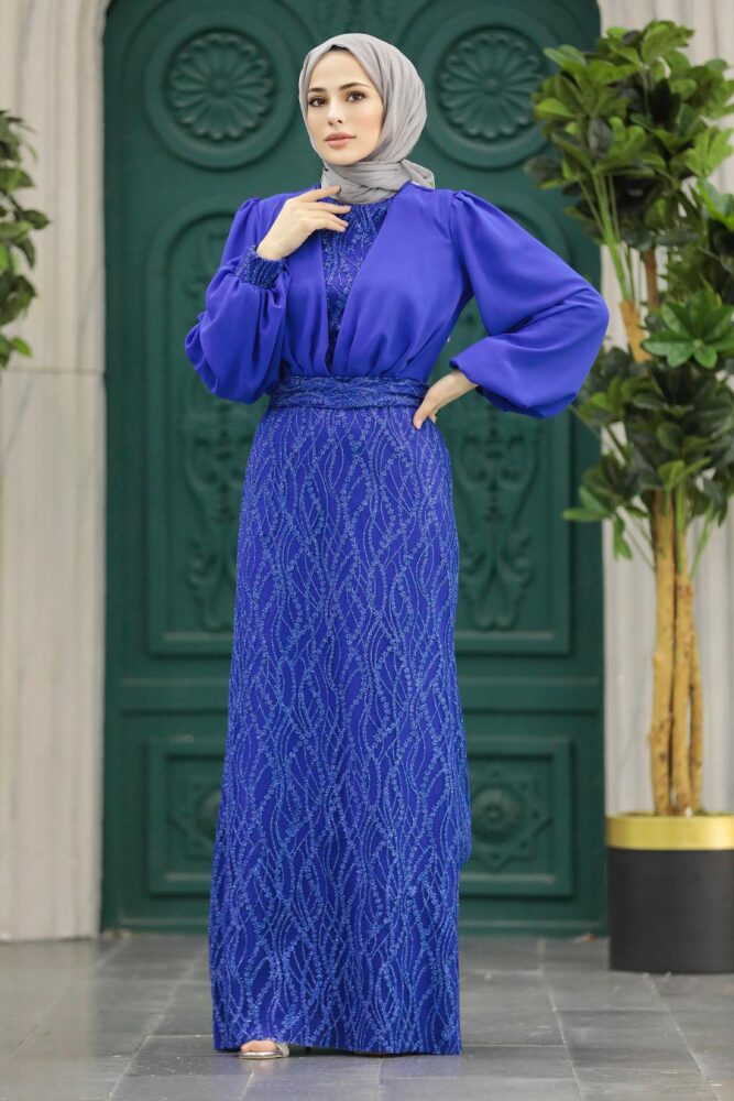 Luxury Sax Blue Islamic Clothing Evening Gown 22213SX - 1