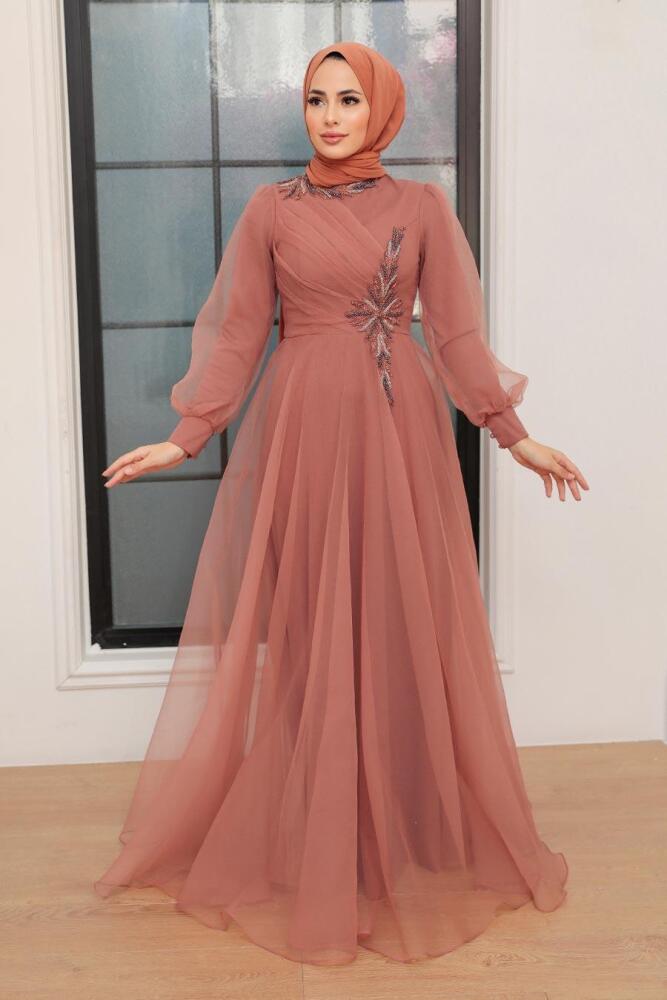 Neva Style - Luxury Terra Cotta Hijab Dress 22551KRMT - 1