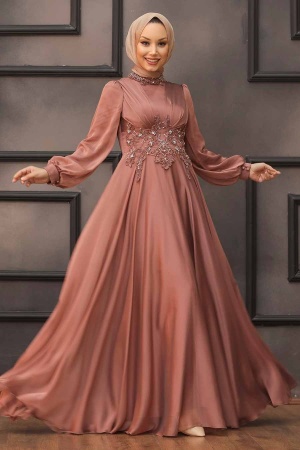 Neva Style - Luxury Terra Cotta Islamic Clothing Evening Dress 22150KRMT - Thumbnail