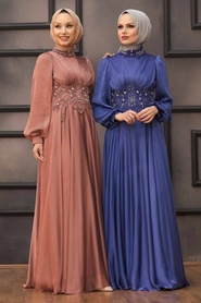 Neva Style - Luxury Terra Cotta Islamic Clothing Evening Dress 22150KRMT - Thumbnail