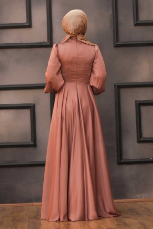 Neva Style - Luxury Terra Cotta Islamic Clothing Evening Dress 22150KRMT - Thumbnail