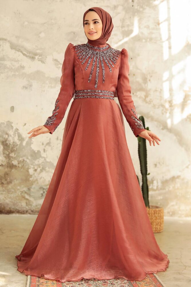 Neva Style - Luxury Terra Cotta Muslim Evening Gown 3774KRMT - 1
