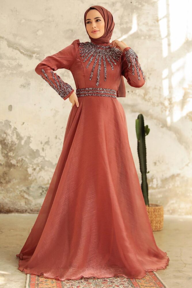 Neva Style - Luxury Terra Cotta Muslim Evening Gown 3774KRMT - 2
