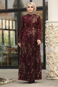 Neva Style - Mahogany Hijab Dress 14532BR - Thumbnail