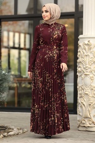 Neva Style - Mahogany Hijab Dress 14532BR - Thumbnail