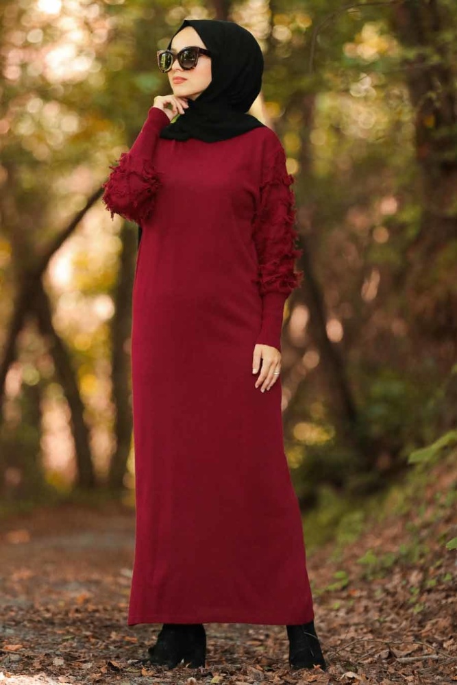 Neva Style - Mahogany Hijab Knitwear Dress 1020BR - 1