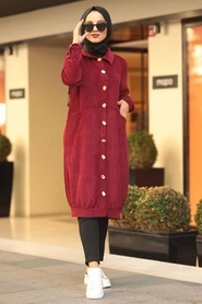 Neva Style - Mahogany Hijab Velvet Coat 9075BR - Thumbnail