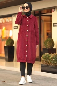 Neva Style - Mahogany Hijab Velvet Coat 9075BR - Thumbnail