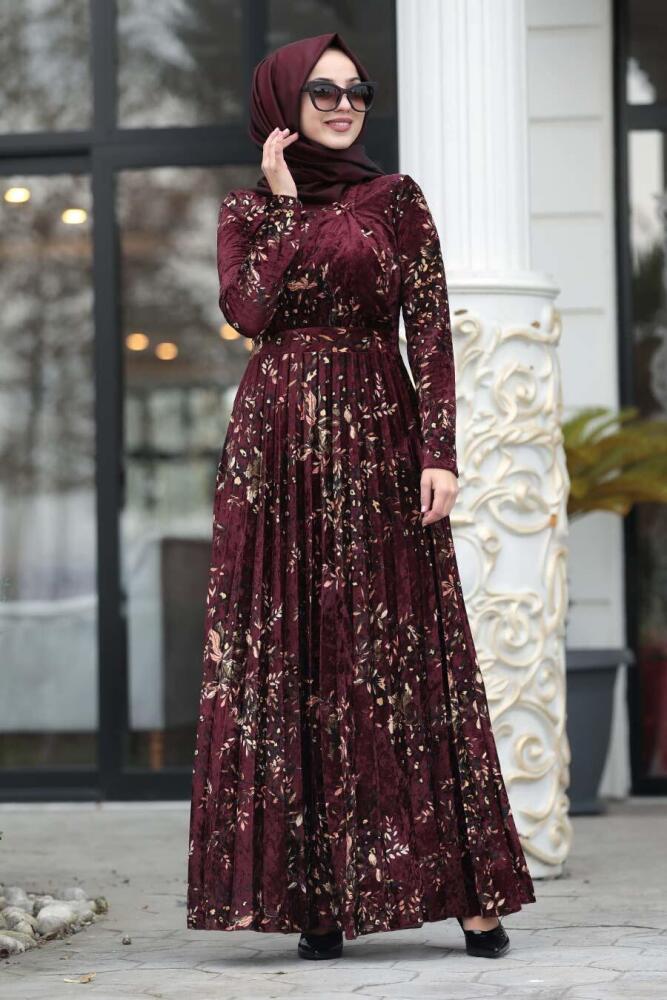 Neva Style - Mahogany Hijab Velvet Dress 1452BR - 1