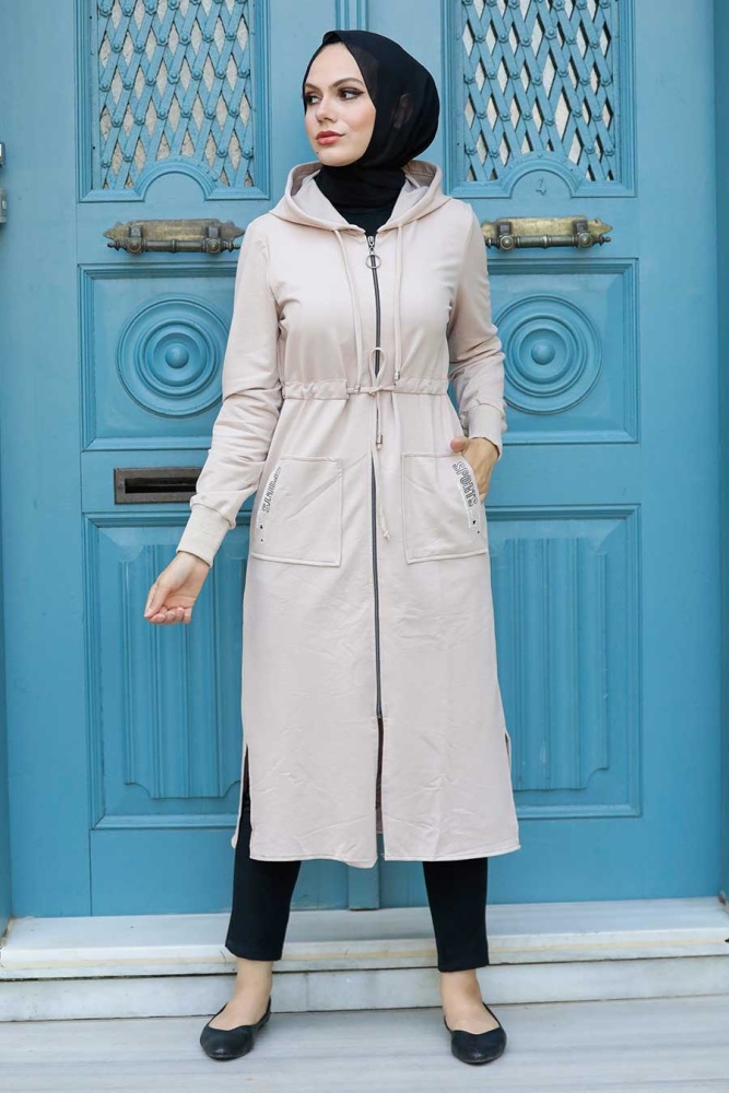 Neva Style - Manteau Hijab Beige 4401BEJ - 1