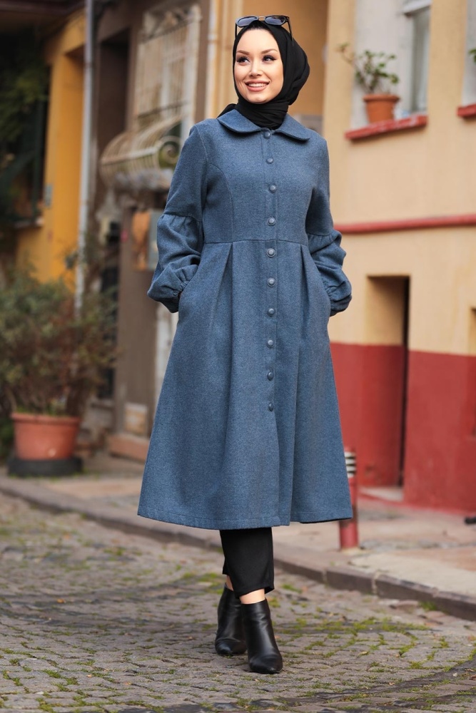 Neva Style - Manteau Hijab Bleu İdigo 5592IM - 1