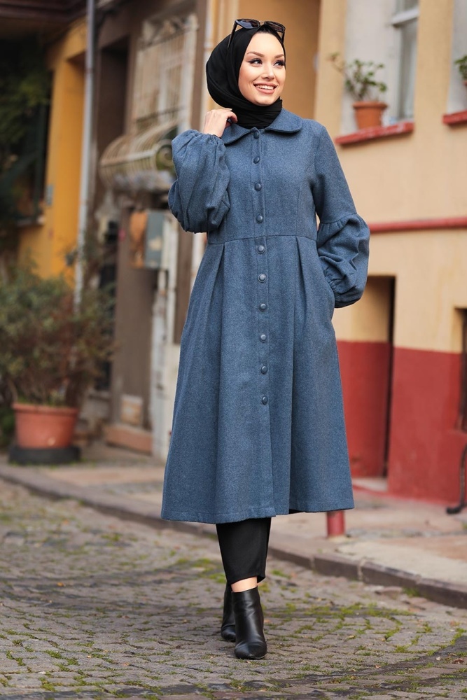Neva Style - Manteau Hijab Bleu İdigo 5592IM - 2