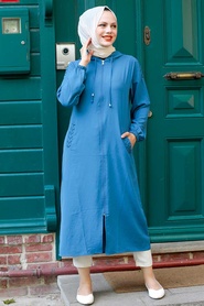 Neva Style - Manteau Hijab Bleu Indigo 15630IM - Thumbnail